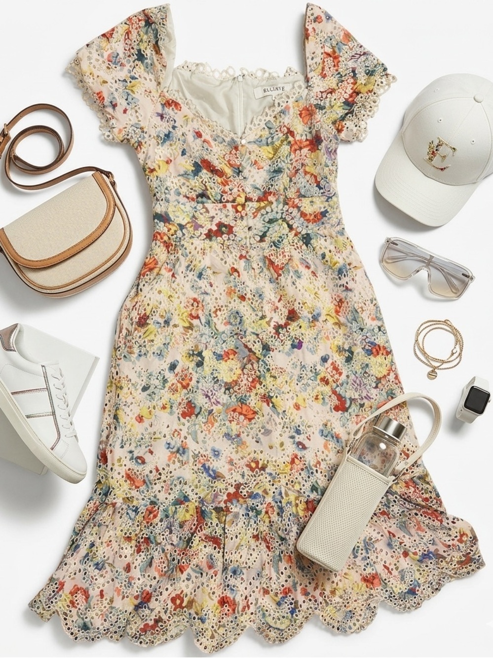Elliatt Boho Floral Eyelet Scallop Lace Midi Dress Blush Multicolor Size M